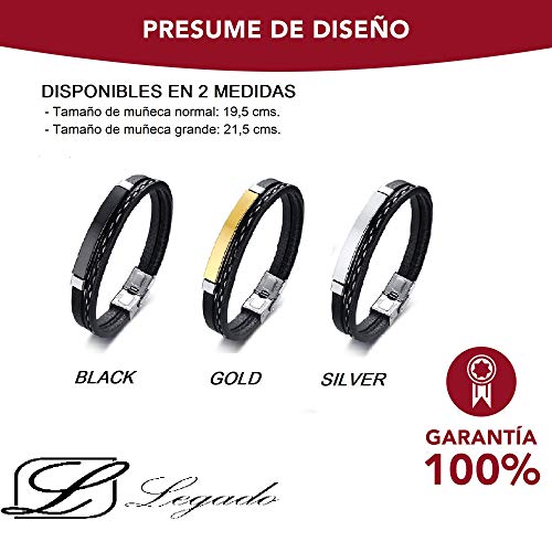 Pulsera hombre mujer Legado, en cuero pu y acero inoxidable, brazalete vikingo chico negra combinable con anillo pendiente collar colgante o tobillera muñequera tipo, personalizable (BLACK 19,5)