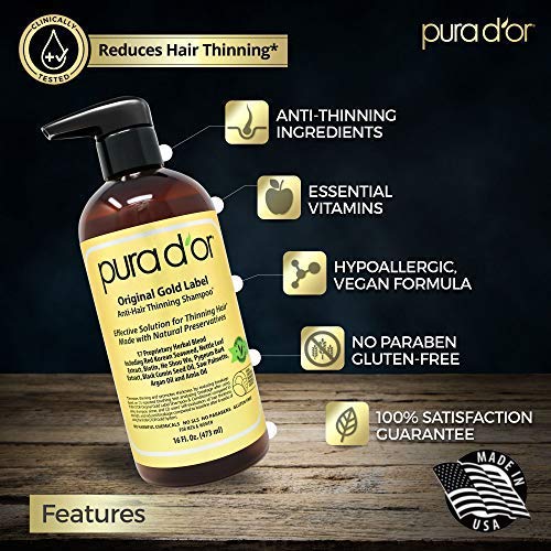Pura D'Or Original gold label anti-adelgazamiento champú clínicamente probado, una infusión de aceite de argán, biotina, libre de sulfatos, todo tipo de cabello, 473 ml (embalaje pueden variar)