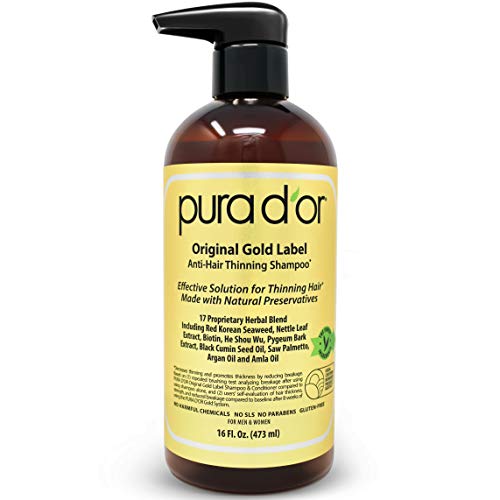 Pura D'Or Original gold label anti-adelgazamiento champú clínicamente probado, una infusión de aceite de argán, biotina, libre de sulfatos, todo tipo de cabello, 473 ml (embalaje pueden variar)