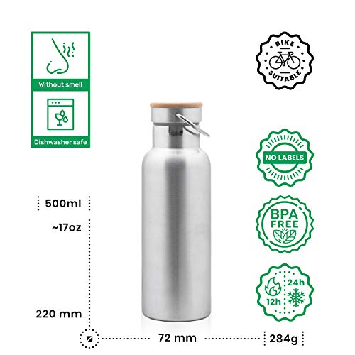 Pure Design Botella Térmica 500ml de Agua sin BPA, también 350 ml, 750 ml y 1 litro, Sin Logos, 110% Garantia de por Vida