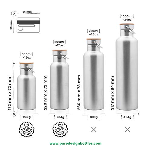 Pure Design Botella Térmica 500ml de Agua sin BPA, también 350 ml, 750 ml y 1 litro, Sin Logos, 110% Garantia de por Vida