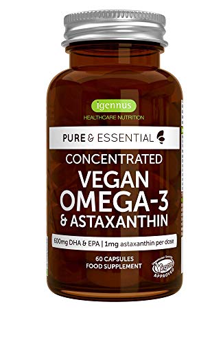 Pure & Essential Omega-3 Vegano, 1340 mg de Aceite de Algas (DHA + EPA 600 mg) y Astaxantina, 60 cápsulas
