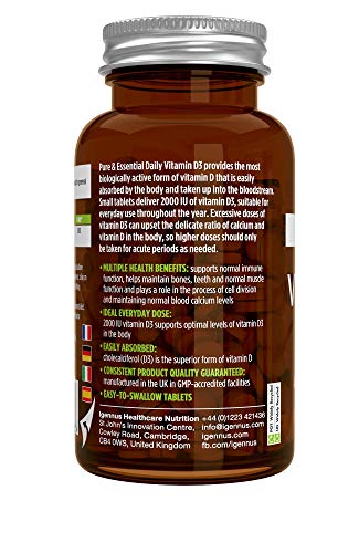 Pure & Essential Vitamina D3 Cotidiana, colecalciferol 2000 UI, suministro diario para un año, 365 comprimidos (1)