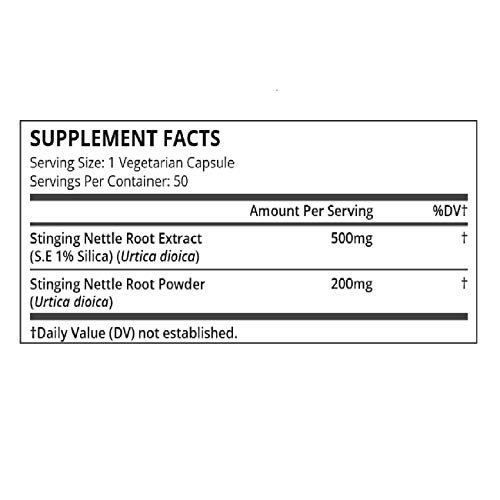 Pure Science Extracto de raíz de ortiga 500 mg (300 mg de extracto de raíz de ortiga al 1% de sílice y 200 mg de polvo de raíz de ortiga) - 50 cápsulas vegetarianas