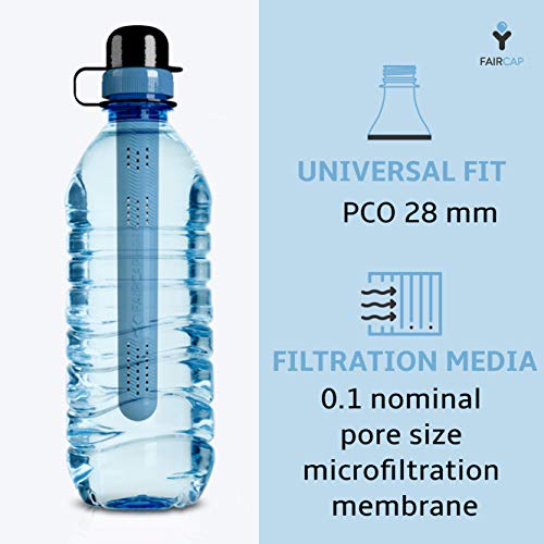 Purificador de agua portátil Faircap Mini - Filtra el 99.99% de las bacterias y otros patógenos - Ideal para viajes, caminatas, campamentos y deportes de aventura - Para botellas de PET de 28 mm.