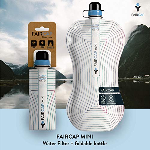 Purificador de agua portátil Faircap Mini - Filtra el 99.99% de las bacterias y otros patógenos - Ideal para viajes, caminatas, campamentos y deportes de aventura - Para botellas de PET de 28 mm.