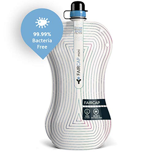 Purificador de agua portátil Faircap Mini - Filtra el 99.99% de las bacterias y otros patógenos - Ideal para viajes, caminatas, campamentos y deportes de aventura - Para botellas de PET de 28 mm.