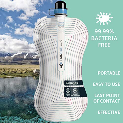 Purificador de agua portátil Faircap Mini - Filtra el 99.99% de las bacterias y otros patógenos - Ideal para viajes, caminatas, campamentos y deportes de aventura - Para botellas de PET de 28 mm.