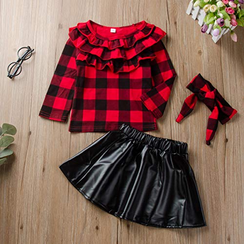 puseky 3pcs niños niñas pequeñas Camisa a Cuadros roja con Volantes Falda de Cuero Vestido de Diadema Conjunto de Trajes
