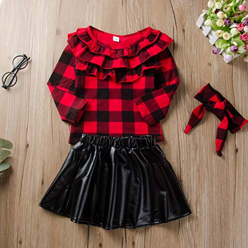 puseky 3pcs niños niñas pequeñas Camisa a Cuadros roja con Volantes Falda de Cuero Vestido de Diadema Conjunto de Trajes