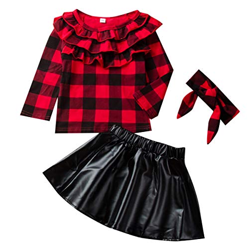 puseky 3pcs niños niñas pequeñas Camisa a Cuadros roja con Volantes Falda de Cuero Vestido de Diadema Conjunto de Trajes