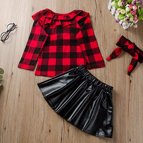 puseky 3pcs niños niñas pequeñas Camisa a Cuadros roja con Volantes Falda de Cuero Vestido de Diadema Conjunto de Trajes