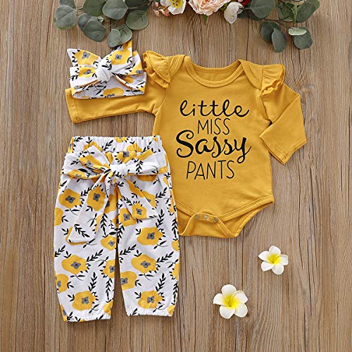 puseky Baby Little Miss Sassy Pants Conjunto de ropa de manga larga con volantes y pantalones florales - Amarillo - 0-6 meses