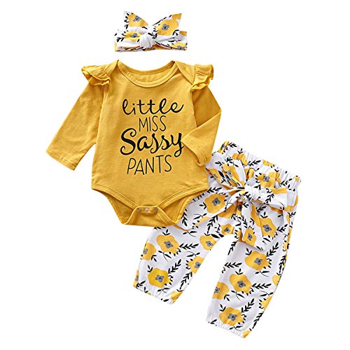 puseky Baby Little Miss Sassy Pants Conjunto de ropa de manga larga con volantes y pantalones florales - Amarillo - 0-6 meses