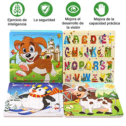Puzzle madera niños, 20 piezas rompecabezas madera bebe, include animales, numeros, letras, regalo para niños(6 paquetes, 20 piezas)