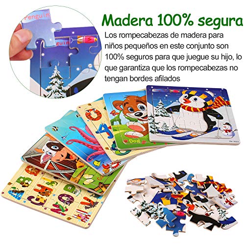 Puzzle madera niños, 20 piezas rompecabezas madera bebe, include animales, numeros, letras, regalo para niños(6 paquetes, 20 piezas)