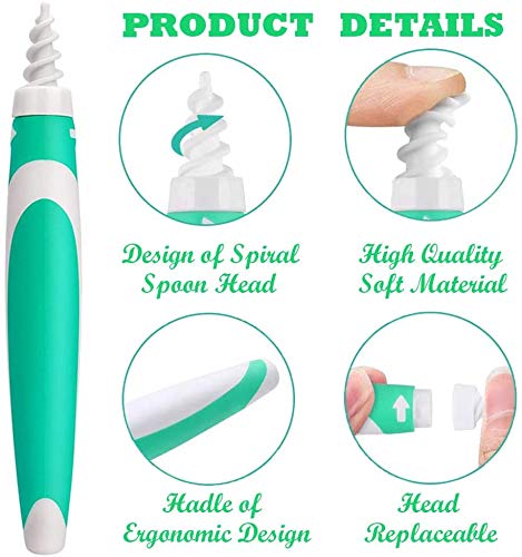 Q grips Cera Oidos,Limpiador de Oídos,Limpia Cera Oidos, Kit de limpieza Para Oídos, Sistema Espiral Inteligente, con Mango y 16 Puntas Lavables, Seguro y Suave, Adecuado para Niños y Adultos（Verde）