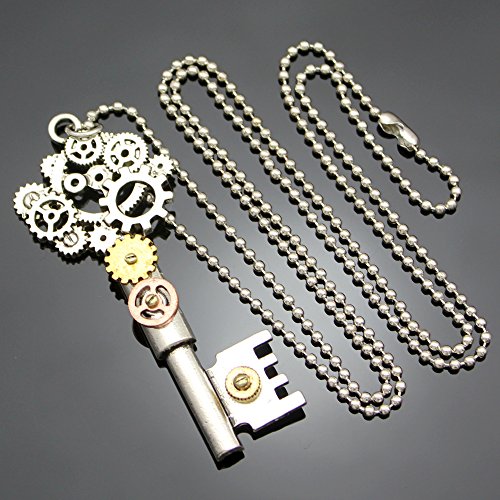 Q & Q Fashion adornos plateado clave Esqueleto Reloj Reloj mano Gear Cog Steampunk Cadena de abalorios collar