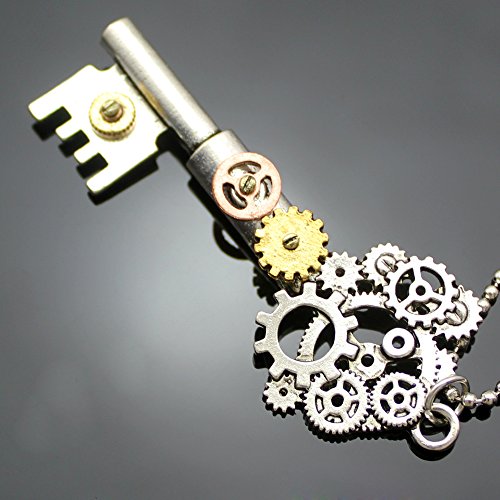 Q & Q Fashion adornos plateado clave Esqueleto Reloj Reloj mano Gear Cog Steampunk Cadena de abalorios collar