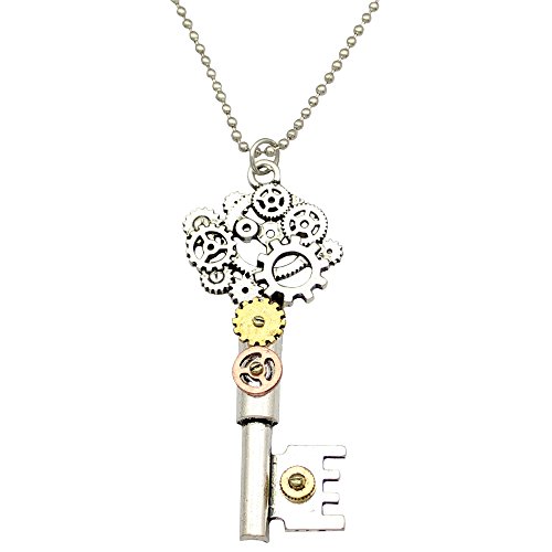 Q & Q Fashion adornos plateado clave Esqueleto Reloj Reloj mano Gear Cog Steampunk Cadena de abalorios collar