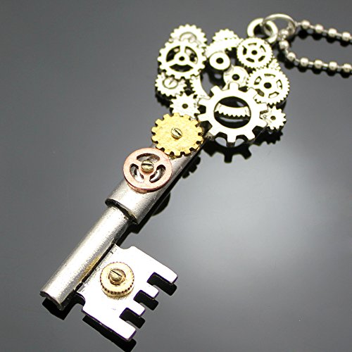 Q & Q Fashion adornos plateado clave Esqueleto Reloj Reloj mano Gear Cog Steampunk Cadena de abalorios collar