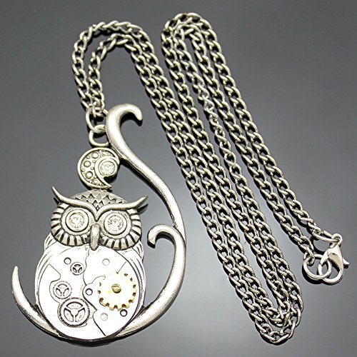 Q & Q Fashion plateado Vintage 3d búho luna reloj reloj mano Gear Cog Steampunk collar de cadena Fancy Dress