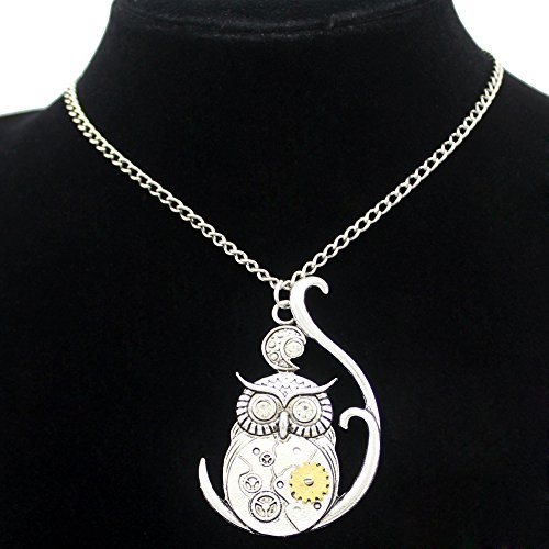 Q & Q Fashion plateado Vintage 3d búho luna reloj reloj mano Gear Cog Steampunk collar de cadena Fancy Dress