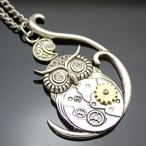 Q & Q Fashion plateado Vintage 3d búho luna reloj reloj mano Gear Cog Steampunk collar de cadena Fancy Dress