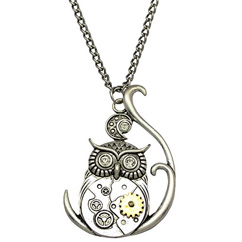 Q & Q Fashion plateado Vintage 3d búho luna reloj reloj mano Gear Cog Steampunk collar de cadena Fancy Dress
