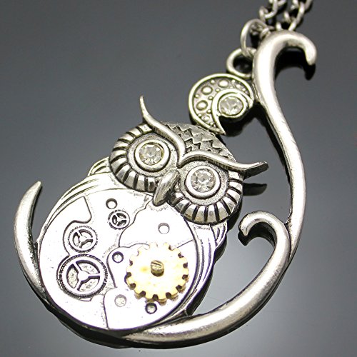 Q & Q Fashion plateado Vintage 3d búho luna reloj reloj mano Gear Cog Steampunk collar de cadena Fancy Dress