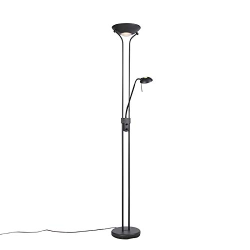 QAZQA Moderno Lámpara de pie negra con lámpara de lectura con LED y dimmer - Diva 2 Acero Redonda/Alargada Incluye LED Max. 2 x 18 Watt