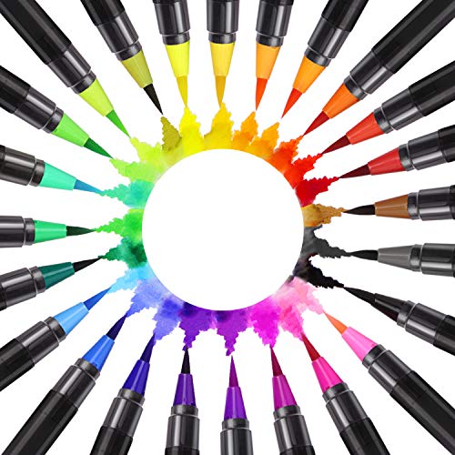 Qhui Rotuladores Lettering 24 Colores Profesionales y 2 Pluma de Pincel de Agua y 3 Plantillas, Rotuladores Punta Pincel de Nylon Flexible, Rotuladores Acuarelables para Pintura Caligrafía Cómics