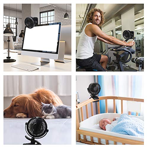Qhui Ventilador USB, Portatil Mini Ventilador Silencioso, 3 Velocidades Potente Pinza Ventiladores Pequeño de Mesa con Recargable Batería y Cable USB para Oficina, Hogar, Fitness, Cochecito de Bebé