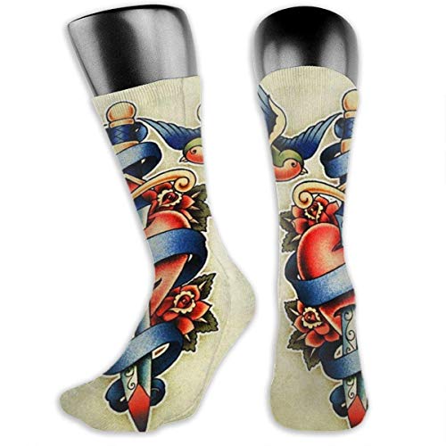 Qifejko Red Heart Tattoo Pink Vintage Bird Compression Socks Athletic Socks for Women & Men-Best,Running, Flight Travel, Pregnant