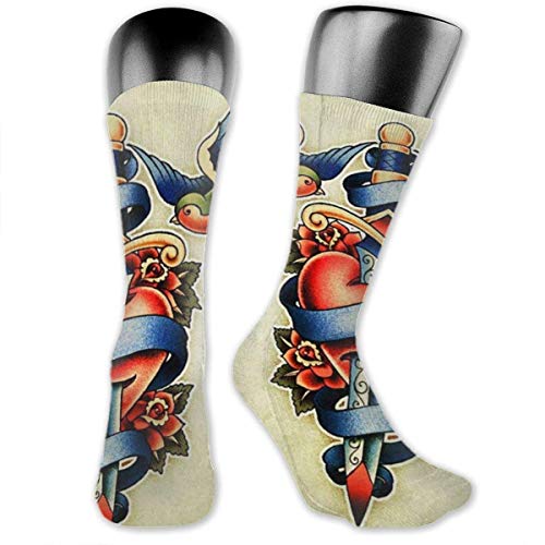 Qifejko Red Heart Tattoo Pink Vintage Bird Compression Socks Athletic Socks for Women & Men-Best,Running, Flight Travel, Pregnant