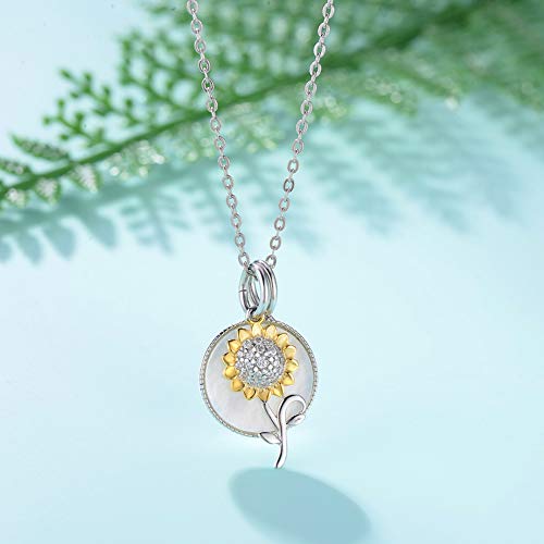 Qings Collar de Flor de Plata de Ley 925 con Colgante de Girasol y Madreperla Redonda, Regalo para Mujeres y Niñas