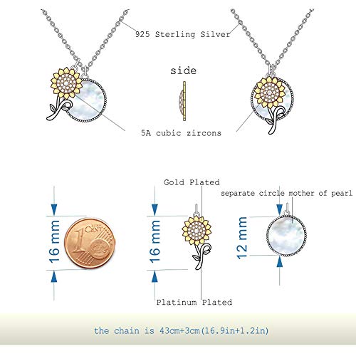Qings Collar de Flor de Plata de Ley 925 con Colgante de Girasol y Madreperla Redonda, Regalo para Mujeres y Niñas