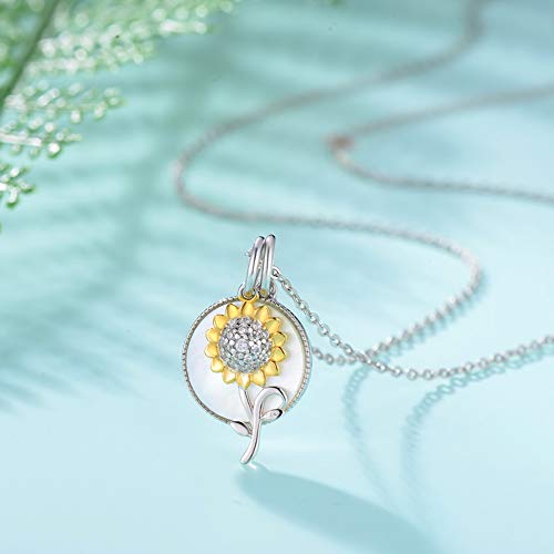 Qings Collar de Flor de Plata de Ley 925 con Colgante de Girasol y Madreperla Redonda, Regalo para Mujeres y Niñas