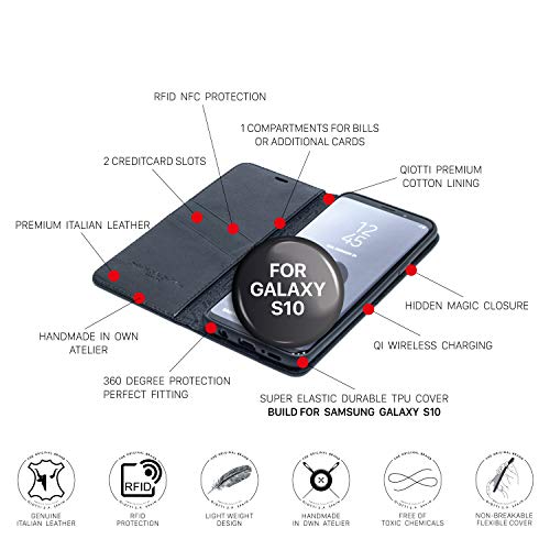 QIOTTI Funda Compatible para Galaxy S10 Cuero auténtico Italiano con RFID protección Soporte Plegable Ranuras para Tarjetas Cierre magnético (Smart Black)