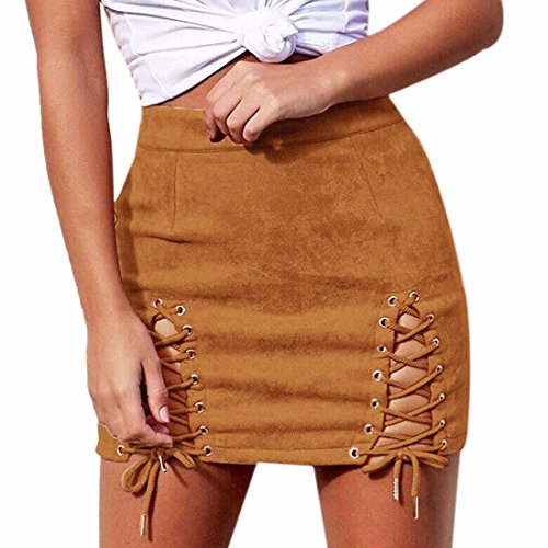 QIYUN.Z Las Mujeres Muchacha Manera Vendimia del Ante Roca De La Calle Bordean El Vestido Corto del Cordón-para Arriba (S, VD5027-Marrón)