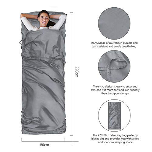 Qomolo Saco De Dormir Ultraligero,Sábanas para Sacos de Dormir,Forro para Saco De Dormir Portátil Liviana Compacta a Prueba de Suciedad para Viajes,Acampar, Senderismo y Hostales y Cabañas, 180g(Gris)