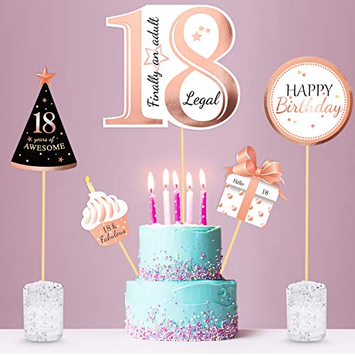 Qpout Oro Rosa 18 cumpleaños Toppers de Mesa-Palitos de Centro de Mesa de 18 Cumpleaños- Finalmente un Adulto -Felices a 18 años Fiesta de cumpleaños Suministros de Mesa Decoraciones Accesorios