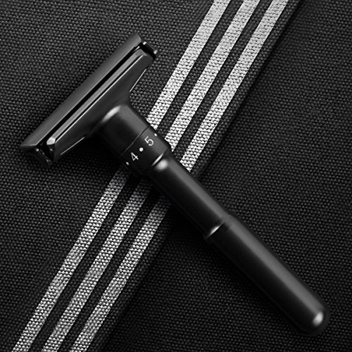 Qshave - Maquinilla de afeitar de seguridad clásica con doble filo ajustable, revestimiento negro mate (1 maquinilla)