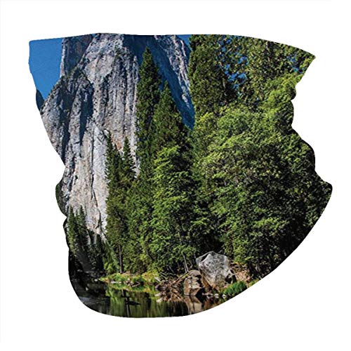 Q&SZ Sweatshirt Outdoor Headband Large Granite Cliff Surrounded by Trees and River Under Clear Sky Wild Beauty Scenery Green Blue Scarf Neck Gaiter Face Bandana Scarf Head Scarf