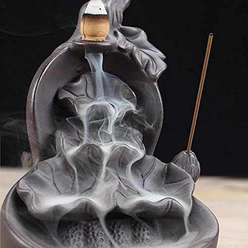 Quemador de incienso de reflujo con 10 piezas de cono de incienso de reflujo, de cerámica para el hogar, con forma de cascada, quemador de incienso