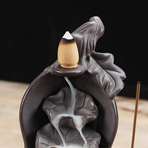 Quemador de incienso de reflujo con 10 piezas de cono de incienso de reflujo, de cerámica para el hogar, con forma de cascada, quemador de incienso