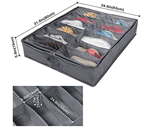 Queta Caja de Almacenamiento de Zapatos, 2 en 1 Contenedor de Almacenaje de Zapatos y Artículos con 12 Bolsillos Organizador Multifunciónal Plegable Debajo la Cama con Funda Transparente