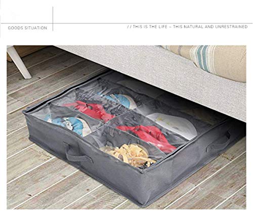 Queta Caja de Almacenamiento de Zapatos, 2 en 1 Contenedor de Almacenaje de Zapatos y Artículos con 12 Bolsillos Organizador Multifunciónal Plegable Debajo la Cama con Funda Transparente