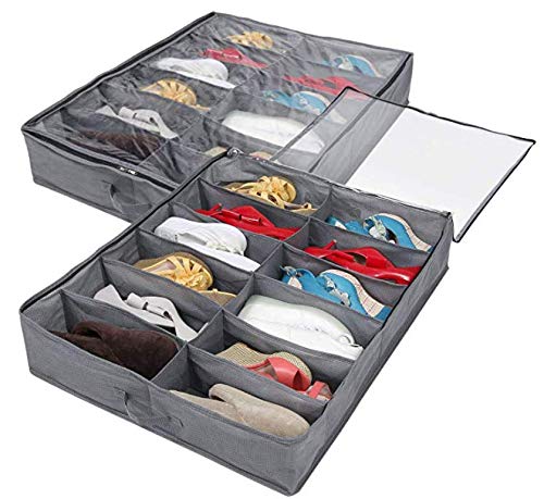 Queta Caja de Almacenamiento de Zapatos, 2 en 1 Contenedor de Almacenaje de Zapatos y Artículos con 12 Bolsillos Organizador Multifunciónal Plegable Debajo la Cama con Funda Transparente