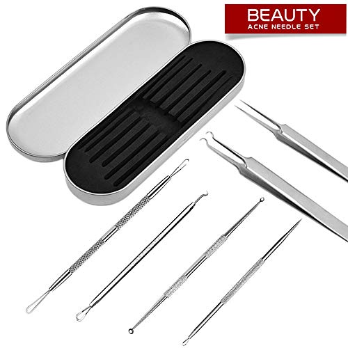 Quita Puntos Negros, Canwn Juego de 6 Acero Inoxidable Extracción de Puntos Negros y Granos Aguja Extractor Limpiador para Espinillas,Comedones,Acné